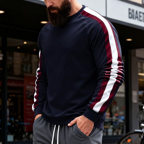 Heavyweight Color Block Sweatshirt For Men – Autumn/Winter Thermal Base Layer, Commuter & Outdoor Casual Pullover_voghion.com