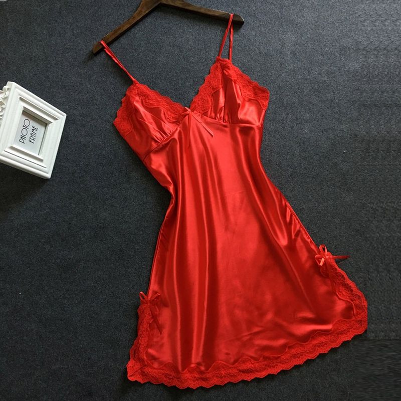 Satijnen Nachtjapon Dame Sexy Strik Kant Lingeie Spaghetti Stap Night Dess Vrouwen Nachtkleding Mouwloze Sleepwea_voghion.com