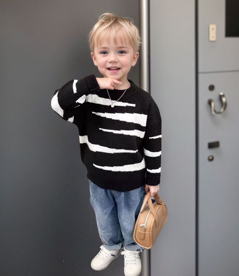 Mother & Kids Boys Sweater 2025 Autumn And Winter New Base Shirt Korean Loose Round Neck Black And White Striped Lazy Style Sweater_voghion.com