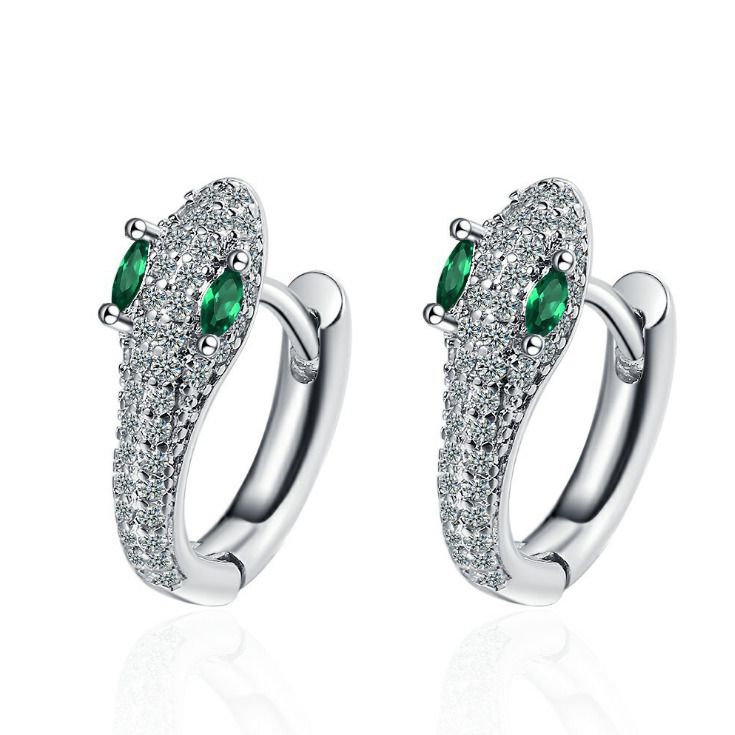 925 Silver Plated Pave CZ Green Eyes Snake Hoop Huggie Earrings Women Girl PE60_voghion.com
