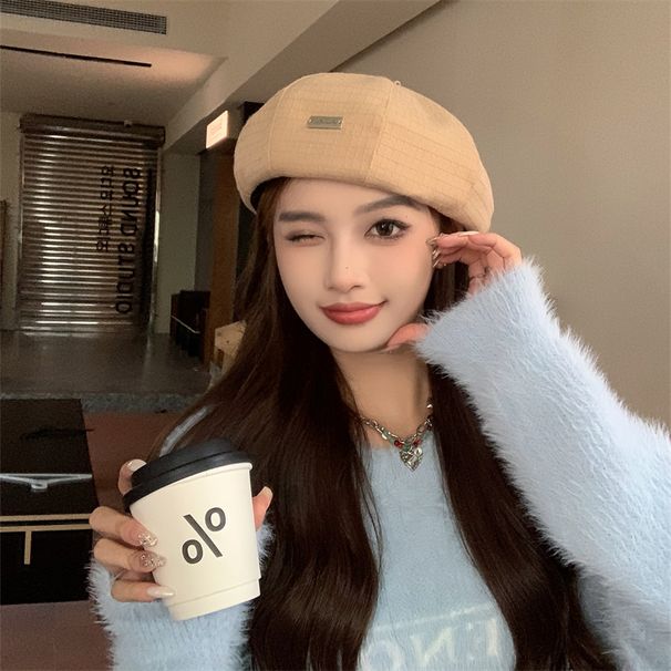 Koreaanse stijl baret met textuur voor dames, herfst en winter, grote hoofdomtrek, elegante kunstenaarshoed, afslankend voor het gezicht_voghion.com