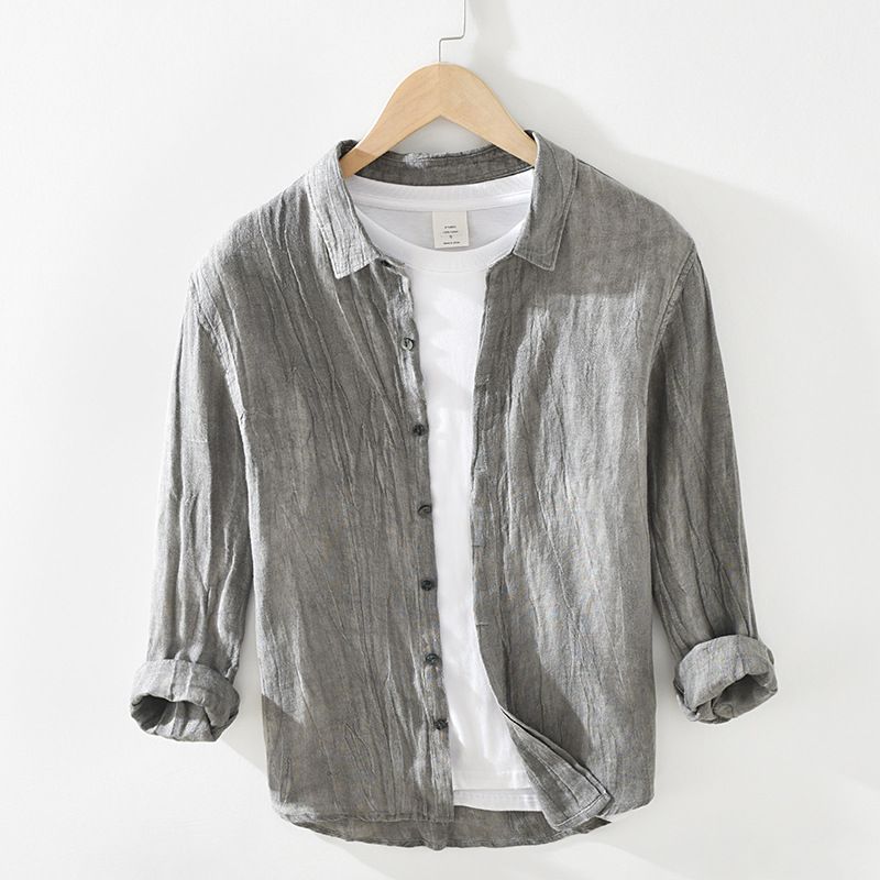 1910 Vintage zerknittertes Herren Leinen Langarmhemd Jugend lockerer Knopf Distressed Square Neck Shirt einteiliges Haar_voghion.com
