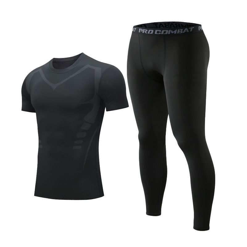 Men's summer sports fitness suit quick drying tight stretch running basketball training suit short sleeve shorts two sets_voghion.com