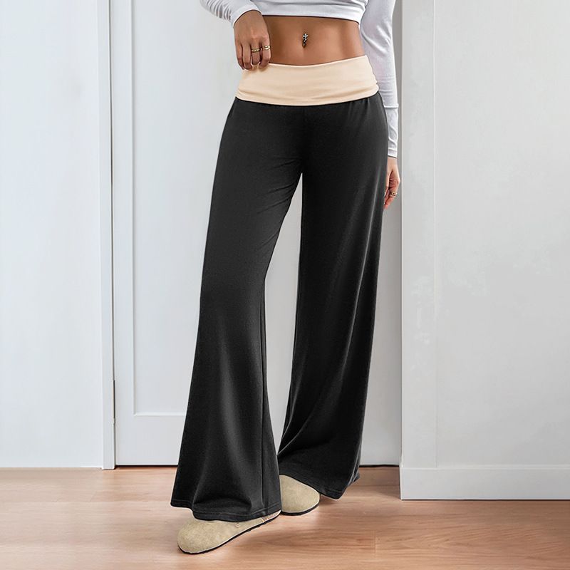 Women's Low-Rise Wide-Leg Pants With Color Block Design - Casual Polyester Trousers For Everyday Wear_voghion.com