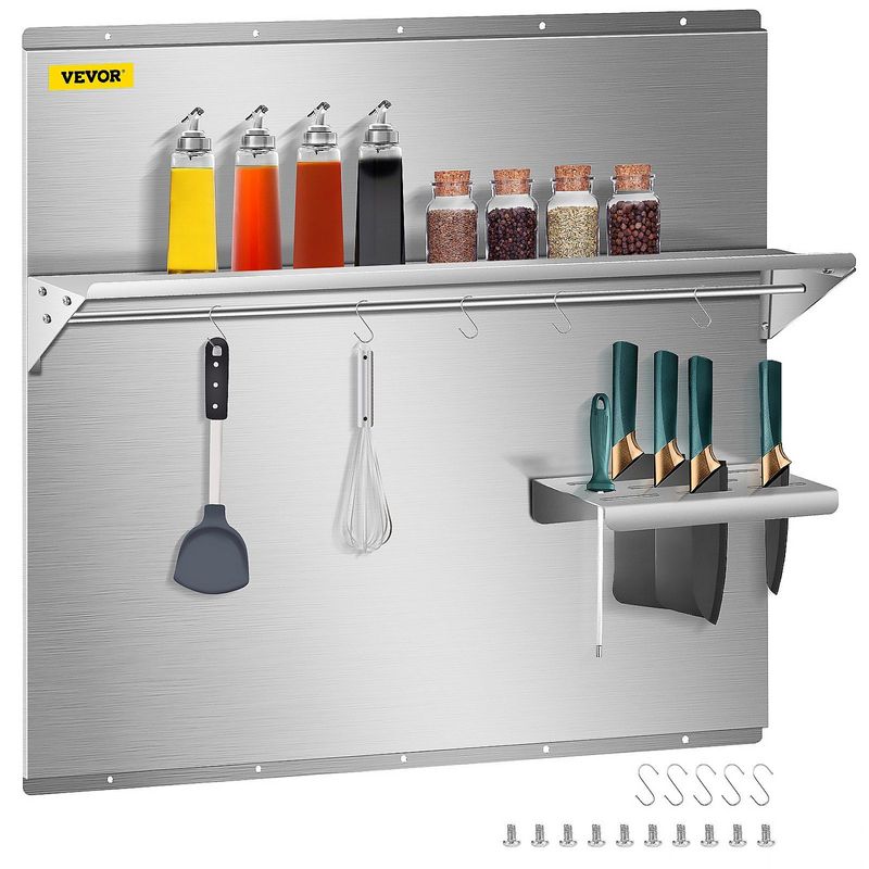 VEVOR Range Backsplash With Shelf 36 X 30.7 Inch Range Hood Wall Shield, Stainless Steel Backsplash Silver Splash Plate For Range Hood Stainless Backsplash With Built-in Storage Shelf And Hanging Rack_voghion.com