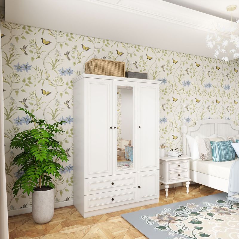 Armoire Wardrobe Closet Wooden With 3 Doors, Hanging Rods, 2 Drawers, Storage Cabinet And Mirror Large Capacity Large Wardrobe Closet For Bedroom, White 47.24" W X 20.59" D X 70.87 "H -- 2 Packages_voghion.com