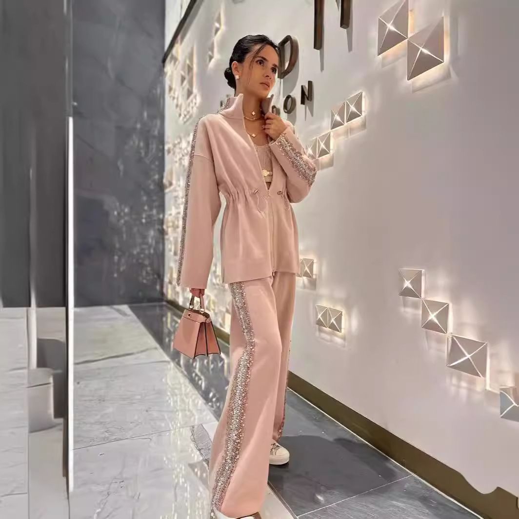 "Women's Drawstring Waist Wide Leg Pants Set - Casual Linen-Like Two-Piece Outfit For Work & Weekend"_voghion.com