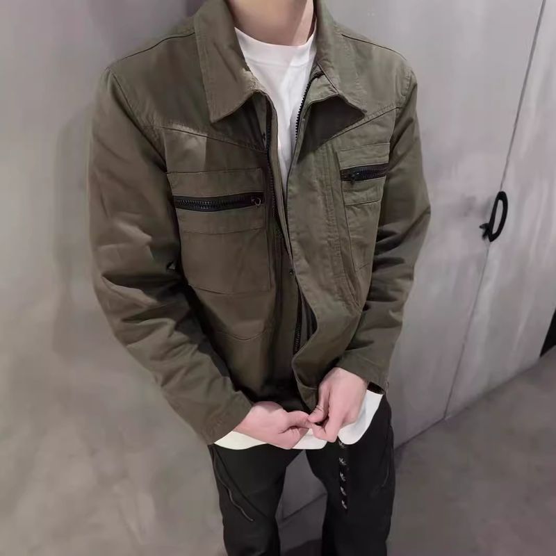 Teenage loose collar retro zipper distressed pleated workwear jacket men's spring and autumn new casual jacket_voghion.com