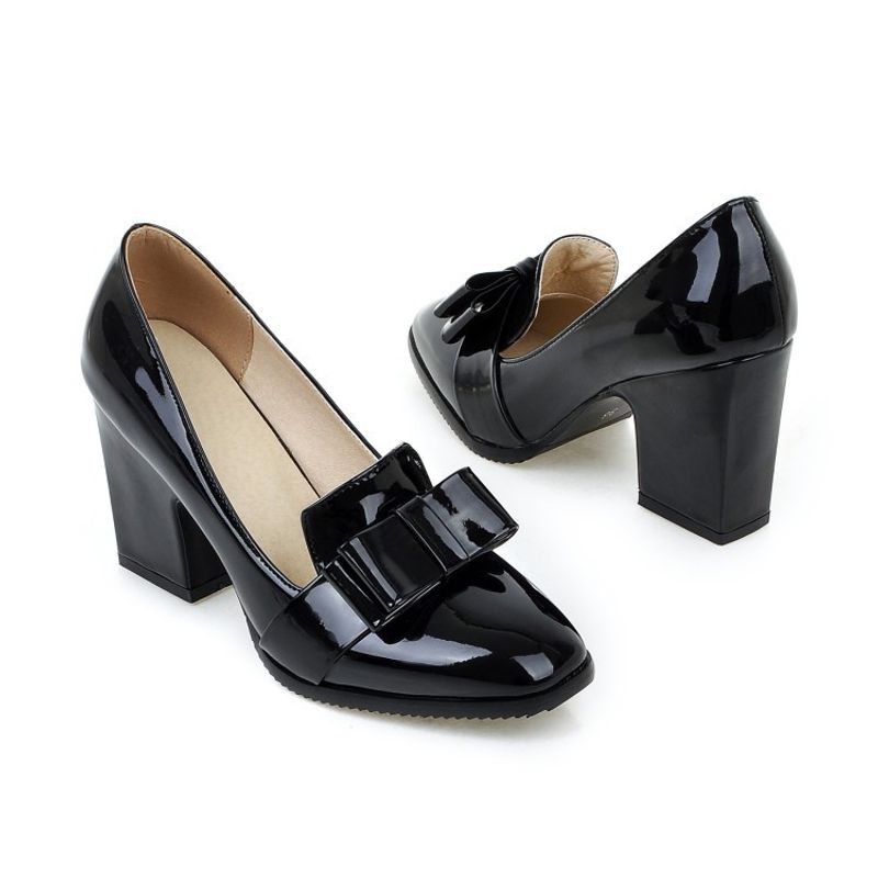 Thick heel bow shallow cut high heels 33-43 size single shoes_voghion.com