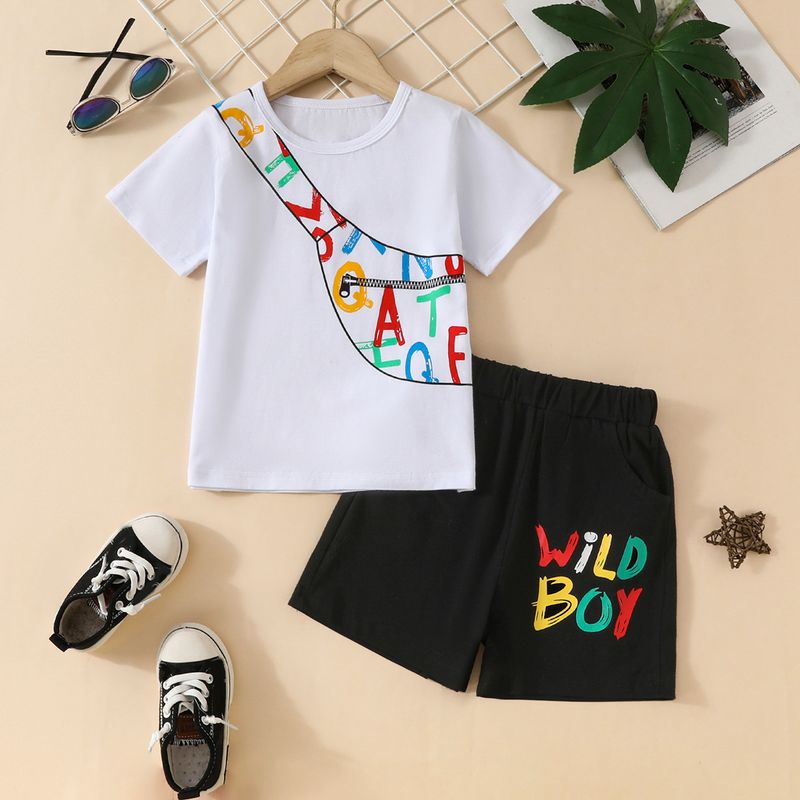 Abbigliamento per bambini T-shirt a maniche corte con tracolla colorata personalizzata per ragazzi della nuova estate + set di pantaloncini con lettere casual_voghion.com