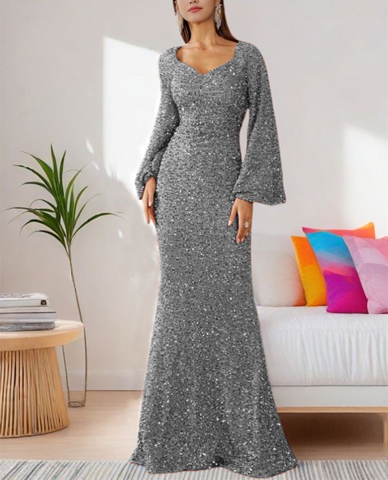 2025 grenzüberschreitende neue Mode V-Ausschnitt Hüfte gewickelt Pailletten europäischen und amerikanischen Kleid mittlere Taille Trompetenärmel langes Abendkleid_voghion.com