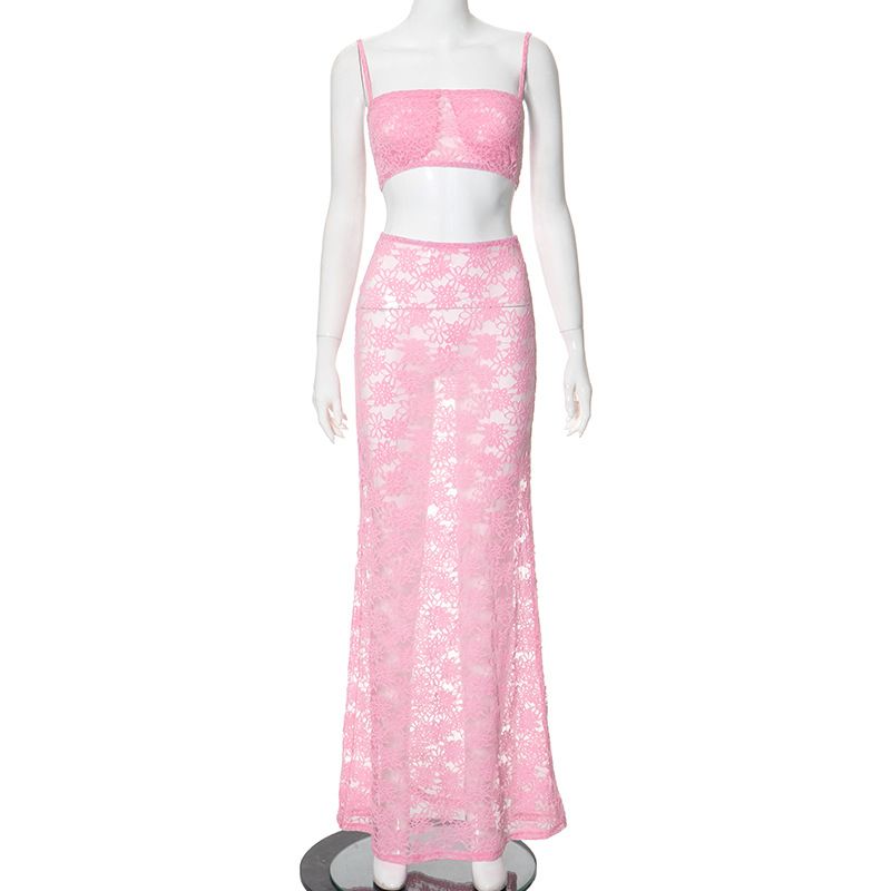 Ensemble deux pièces sexy en dentelle pour femmes européennes et américaines, haut à bretelles, taille haute, jupe longue transparente_voghion.com