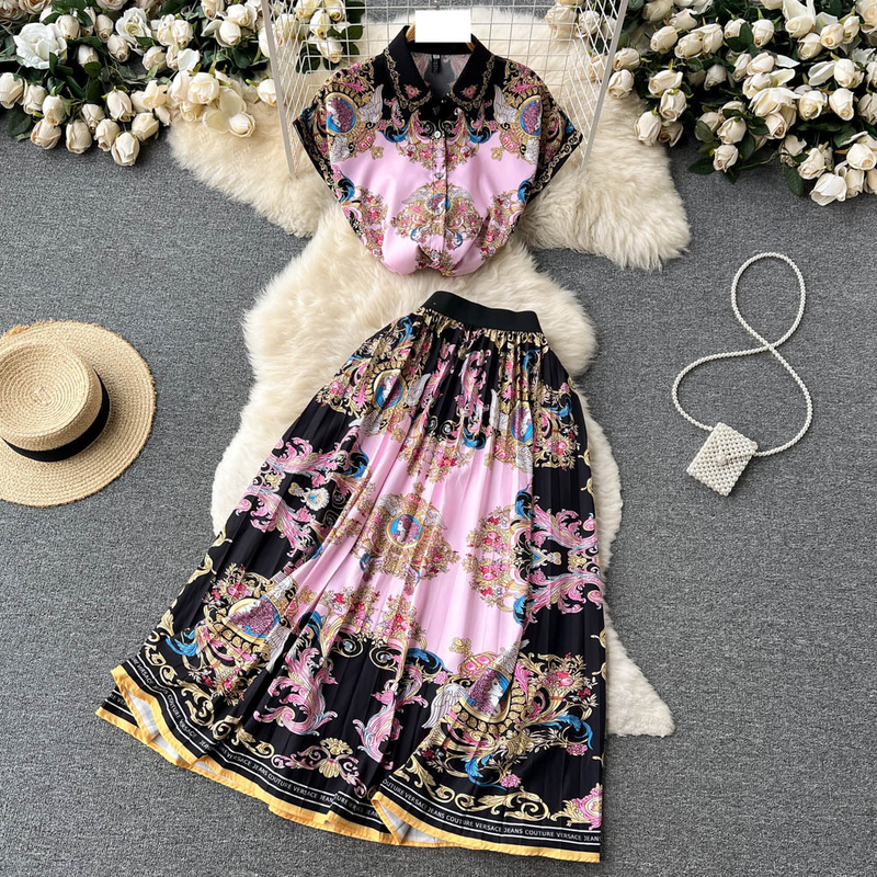 Ensemble deux pièces pour femme, haut court imprimé, jupe trapèze taille haute, été_voghion.com