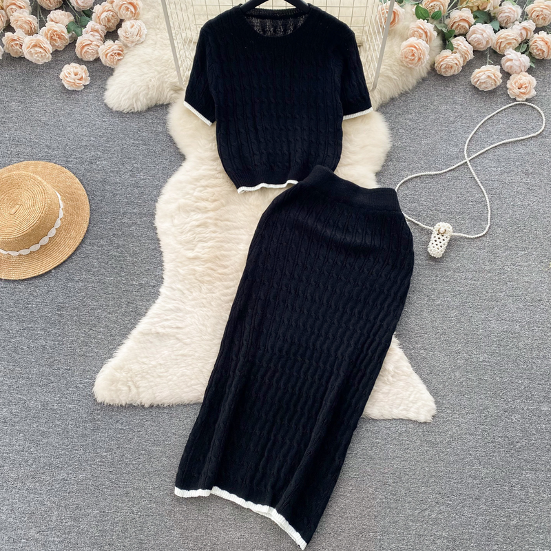 Women's Clothing Fashion knitted suit loose round neck short sleeved top high waist slim hip skirt two piece suit_voghion.com