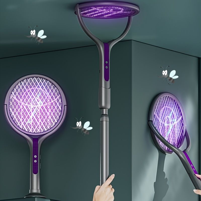 Foldable 2-in-1 Electric Mosquito Swatter - Rechargeable With LED Light & Telescopic Handle For Indoor/Outdoor Use_voghion.com