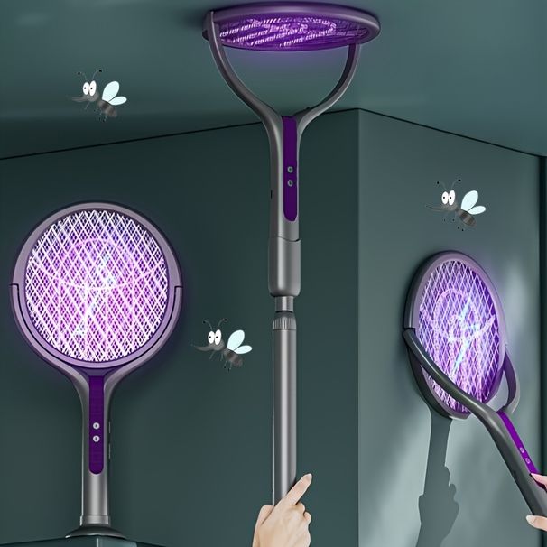 Foldable 2-in-1 Electric Mosquito Swatter - Rechargeable With LED Light & Telescopic Handle For Indoor/Outdoor Use_voghion.com