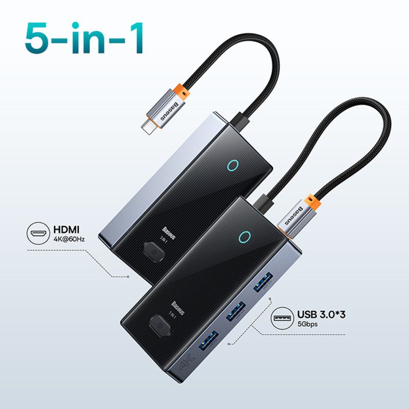Baseus USB C Hub 4K@60Hz HDMI-Compatible With 2*USB3.0+USB-C+USB2.0+Internet Port &SD+TF Card Reader For MacBook & USB-C Laptops_voghion.com