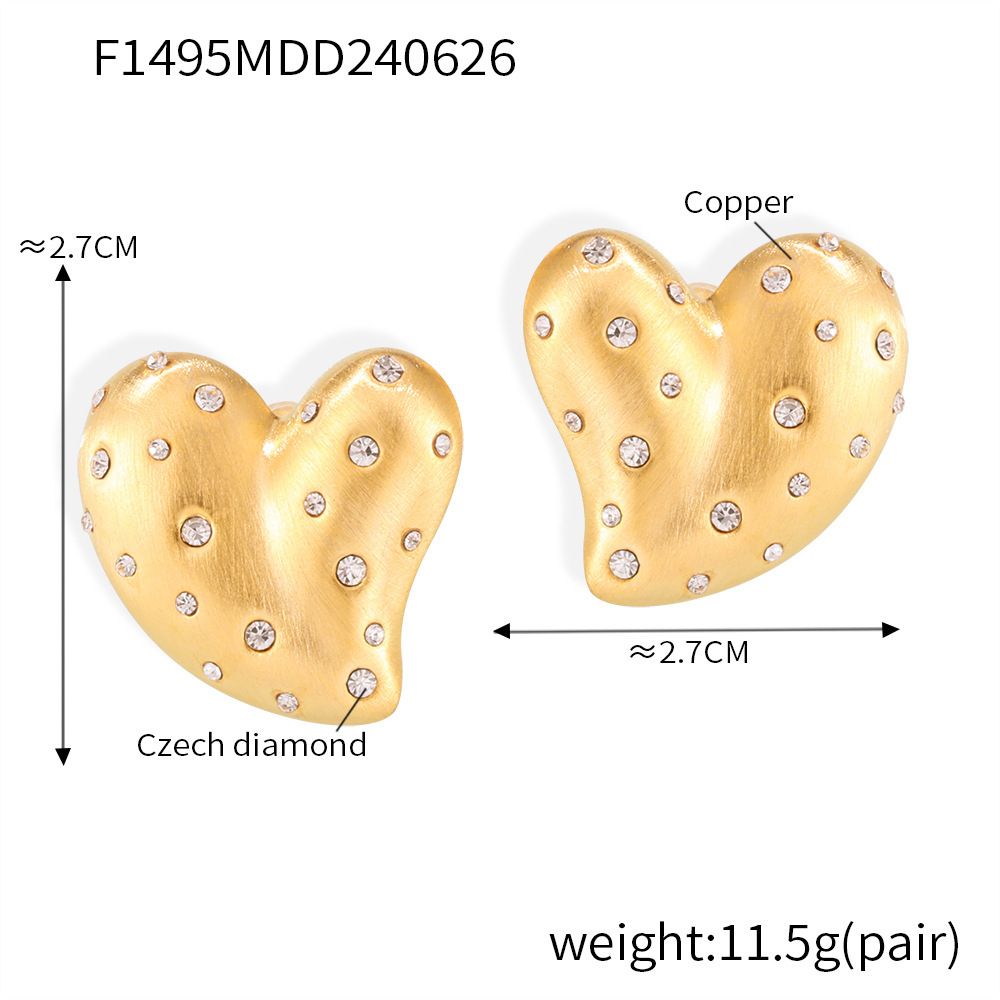 Diamond Studded Heart-shaped Earrings With Metallic Brushed Heart Shape, Simple And Niche Personality Design, Trendy And Cool Copper Material Earrings_voghion.com