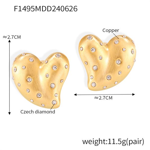Diamond Studded Heart-shaped Earrings With Metallic Brushed Heart Shape, Simple And Niche Personality Design, Trendy And Cool Copper Material Earrings_voghion.com