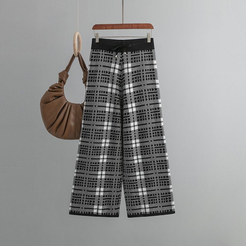 Vêtements pour femmes Pantalons tricotés à carreaux femmes automne et hiver nouveaux pantalons larges taille haute pantalons droits slim pantalons décontractés_voghion.com