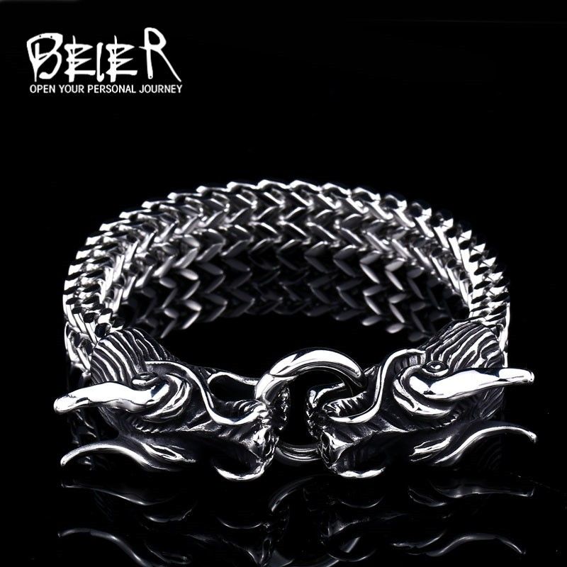 Bracciale alla moda in acciaio inossidabile con testa di drago doppio, per uomo, in titanio, personalizzato e dominante._voghion.com