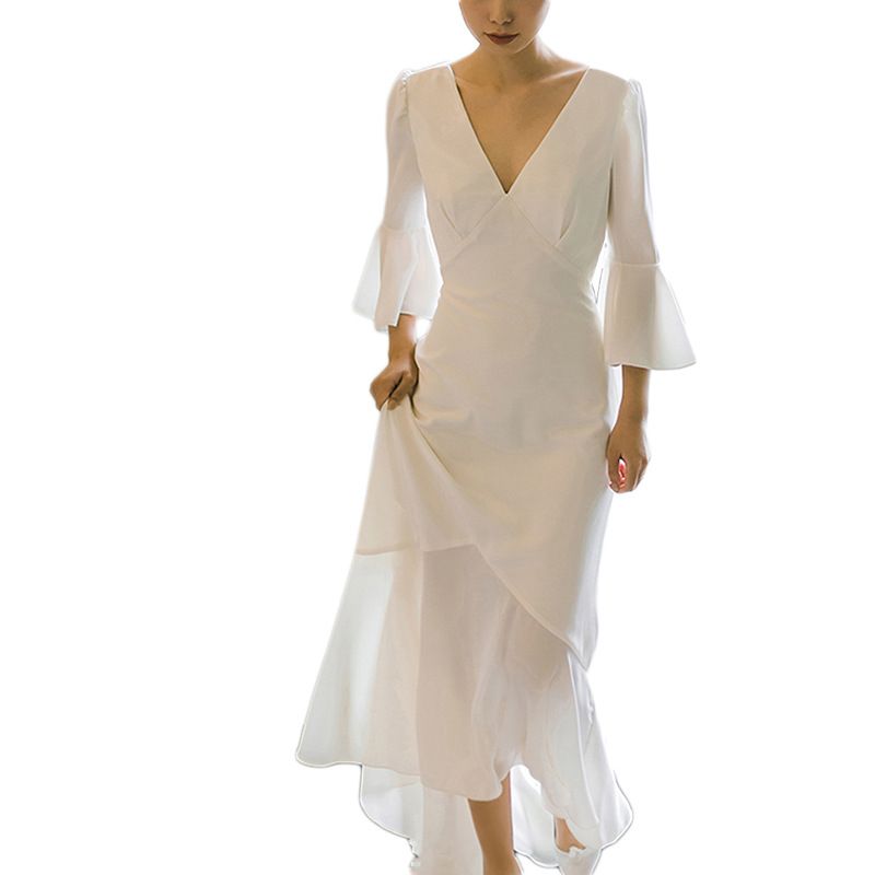 Damen Satin leichtes Hochzeitskleid Braut elegant schlank schlicht Bankett Temperament Willkommenskleid rückenfrei weißer Schleier_voghion.com