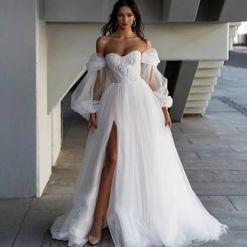 Women's Clothing French light wedding dress new temperament welcoming dress super long sleeves small tail out of the yarn high end feeling_voghion.com