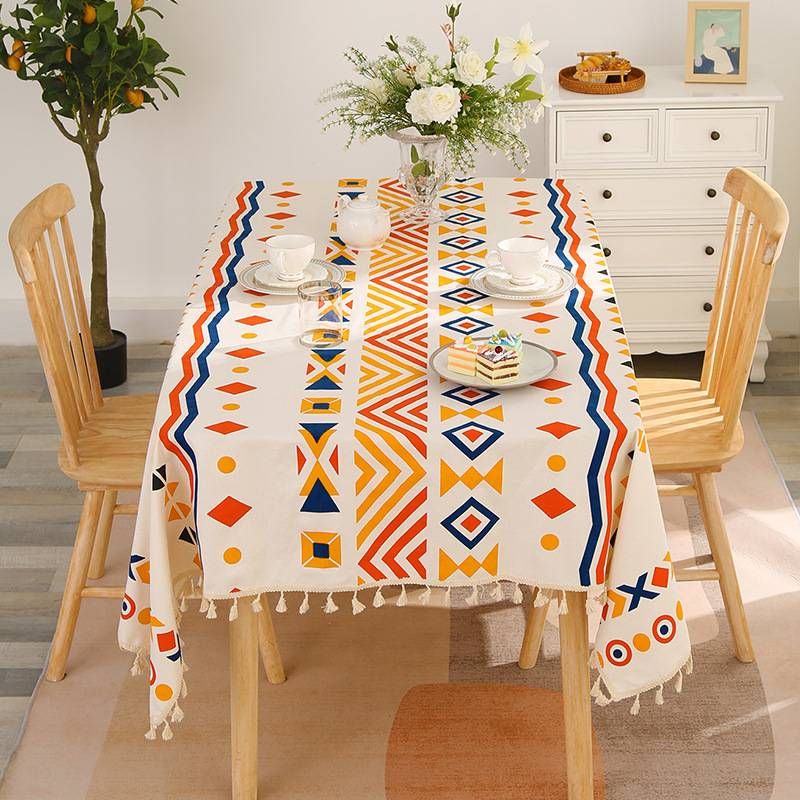 Bohemian Ethnic Style Tablecloth - Cotton Linen Fabric Dining & Coffee Table Cover With Decorative Placemat_voghion.com