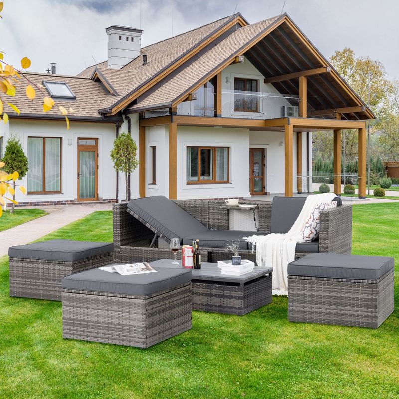 Patio Furniture, Outdoor Furniture, Seasonal PE Wicker Furniture,5 Set Wicker Furniture With Plywood Coffee Table,with Lift TOP Coffee Table,with Lounger Sofa_voghion.com