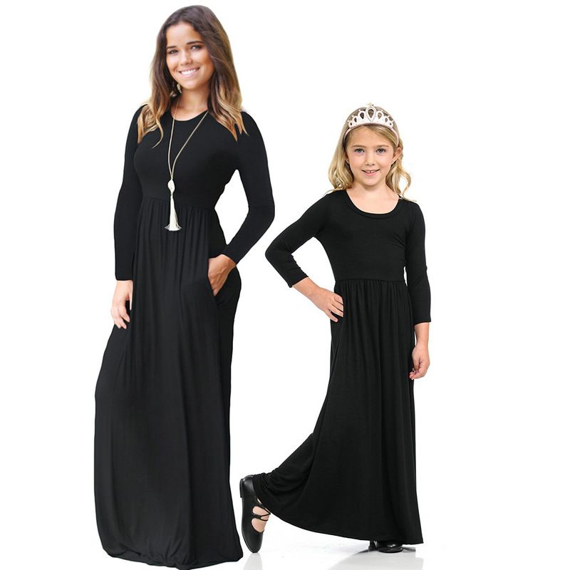 Solid Color Parent Child Long Sleeved Dress Mother Daughter Dress_voghion.com