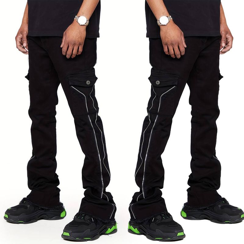Abbigliamento maschile Pantaloni da uomo in denim a gamba dritta, alla moda, popolari pantaloni in denim elasticizzato con toppe e gamba larga_voghion.com