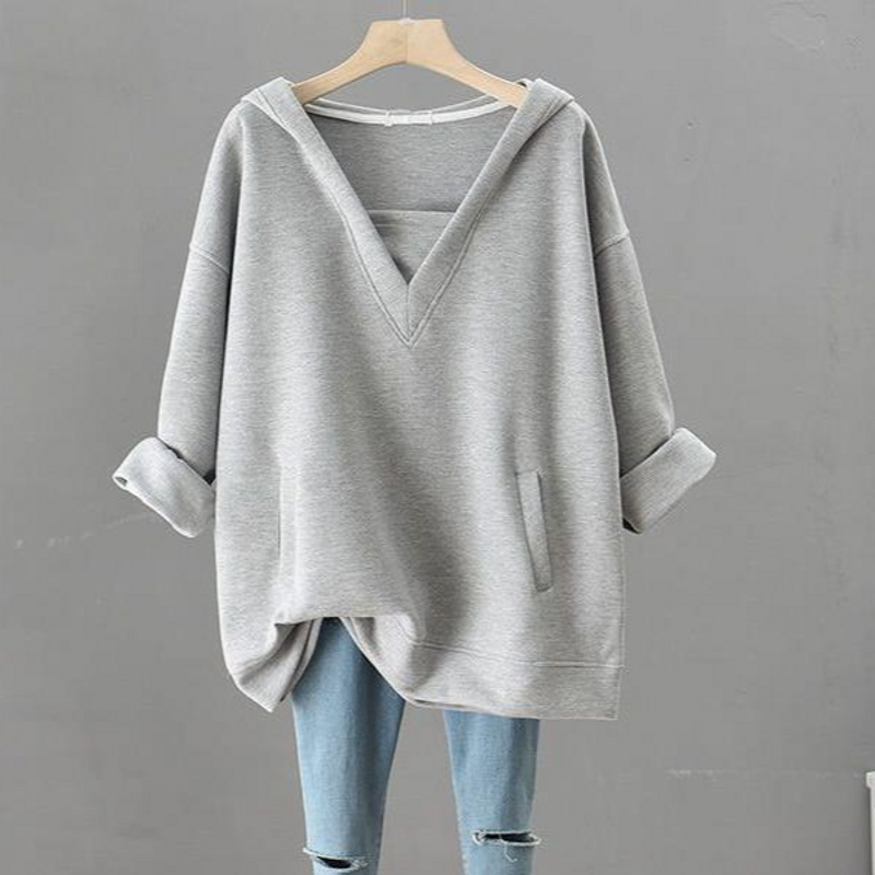 Ropa de mujer Fat Mm Otoño e invierno Suéter de dos piezas Manga larga Talla grande Ropa de mujer Capucha Empalme Longitud media Cuello en V Top_voghion.com