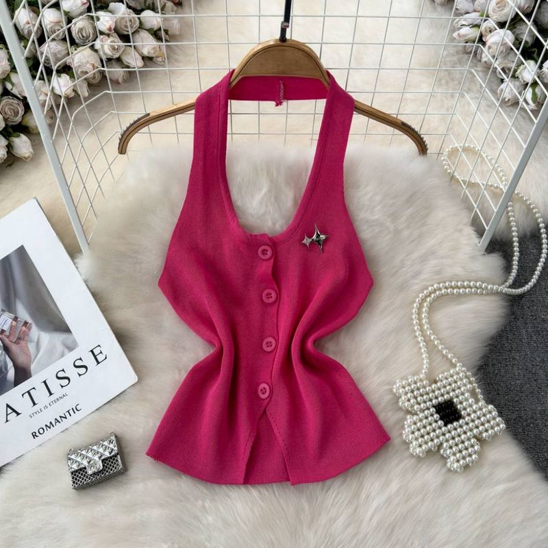 Women's Clothing Fashion Design Halter Neck Backless Single Breasted Slim Fit Knitted Vest For Women To Wear Base Shirt_voghion.com