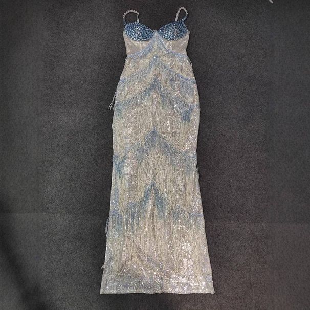 Robe de soirée moulante élégante à franges et sequins, décolleté en V profond, pour fêtes et galas – Mélange polyester-élasthanne extensible, taille haute, longueur au sol_voghion.com