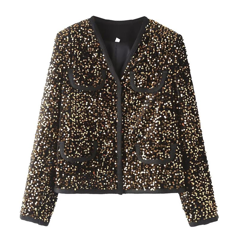 2023 autumn and winter new women's V-neck pocket decoration temperament versatile sequin suit jacket British style_voghion.com