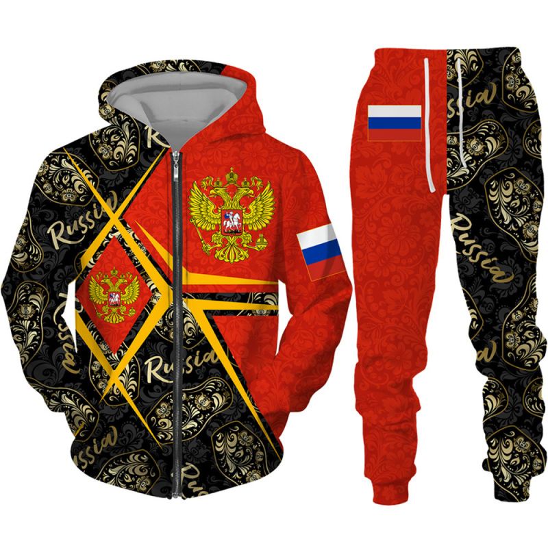 2024 Neues 2-teiliges Herrenpullover-Set mit Kapuze und Reißverschluss und 3D-Druck mit russischer Gardeflagge_voghion.com