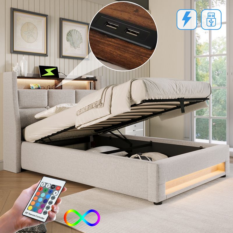 Polsterbett with USB and LED, 90x200 cm Single Bed with Metal Frame Slatted Base, Linen Fabric Upholstered Bed Frame for Youth (Mattress Not Included)_voghion.com