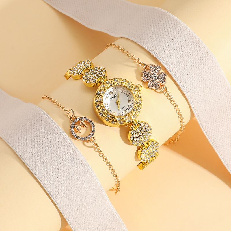 Women's Fashion Full Diamond Steel Band Quartz Watch + Four Leaf Clover Set_voghion.com