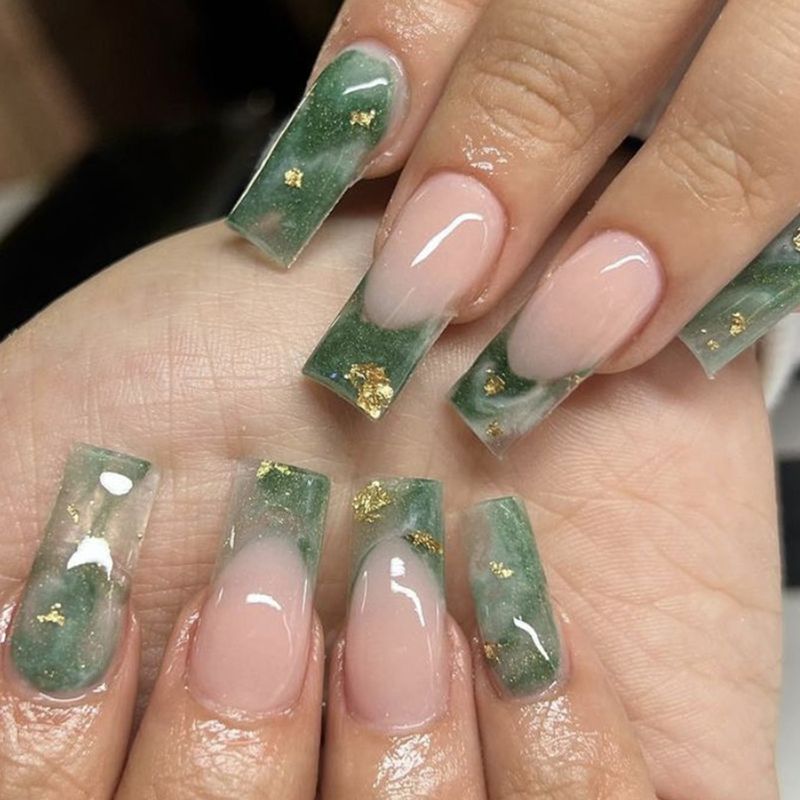 24 pieces per box, medium and long square nails, emerald green, gentle national style false nails, retro and versatile, nude color, wear nails_voghion.com