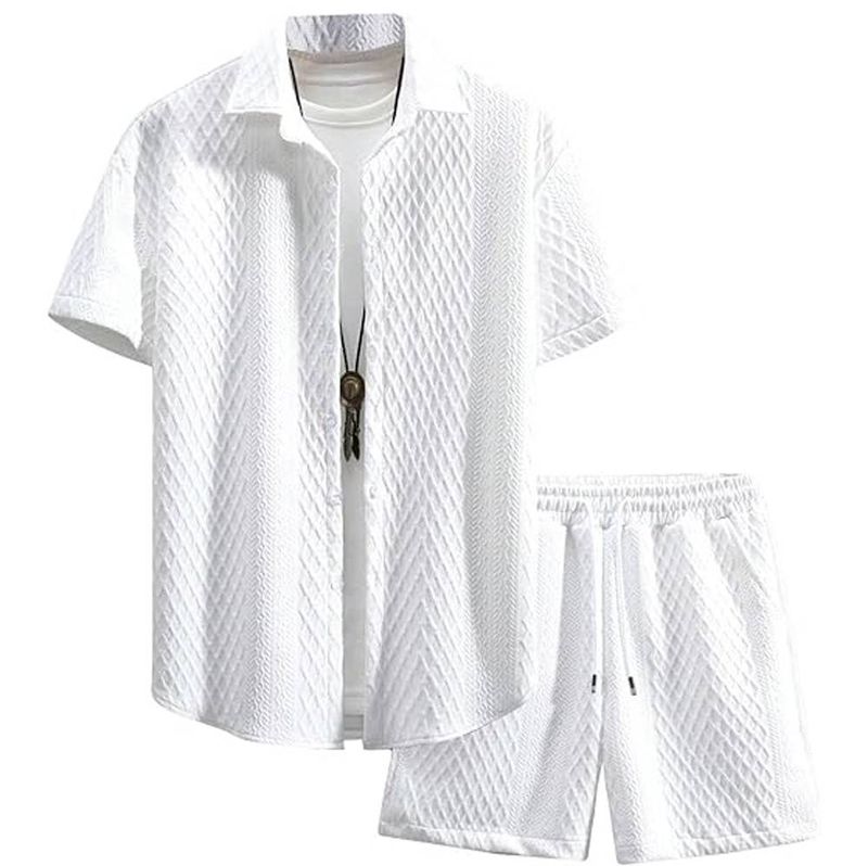 Completo da uomo in 2 pezzi con camicia abbottonata e pantaloncini in maglia a nido d'ape_voghion.com