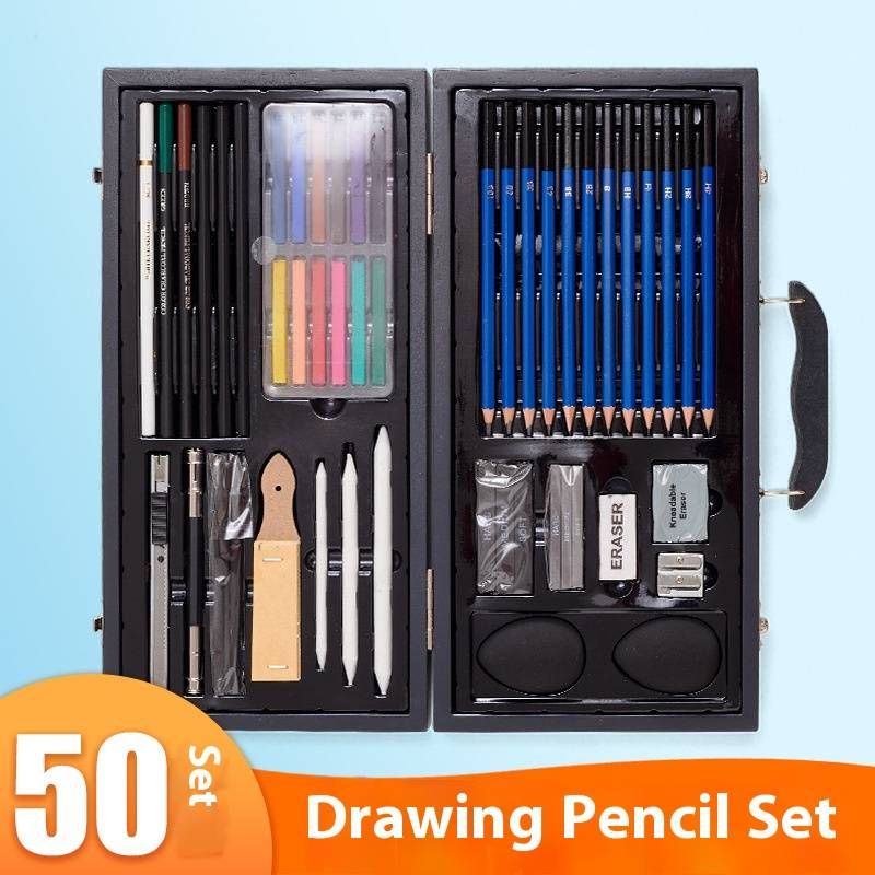 Professional 50-Piece Wooden Sketching Set With Graphite Pencils, Charcoal Sticks, Blending Stumps & Art Erasers – Ideal For Artists & Beginners_voghion.com