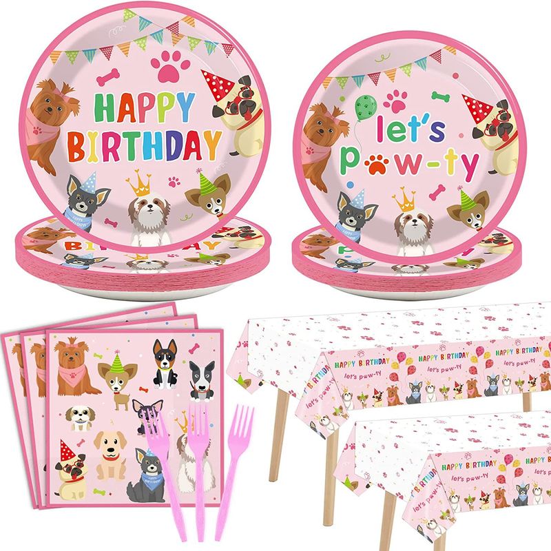 New Pink Dog Animal Theme Table Cloth, Dining Plate, Paper Napkins, Banners, Party Set, Decoration Supplies_voghion.com