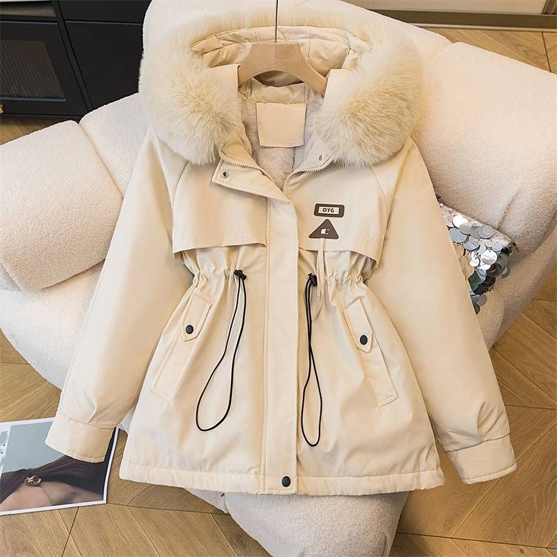 Women's Clothing waist slimming hooded large fur collar plus velvet cotton mid length jacket cotton coat_voghion.com
