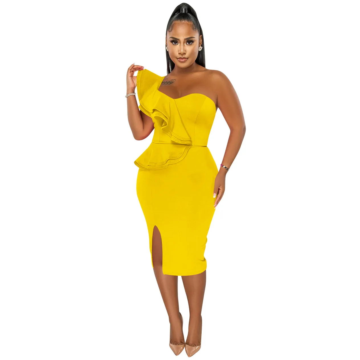 Women's Clothing fashion casual ruffled slit one shoulder sleeve dress women's clothing_voghion.com