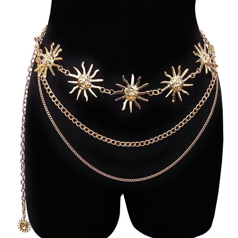 Smiley Gesicht Sonnenblume Platte Taille Mode Metall Mehrschichtkette Schmuck Körper Zubehör Gürtel_voghion.com