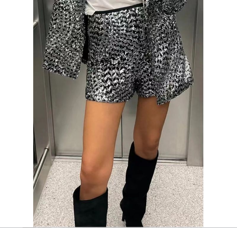 Mode-Perlen-Damen-Freizeitblazer, hoch taillierte Freizeit-Shorts_voghion.com