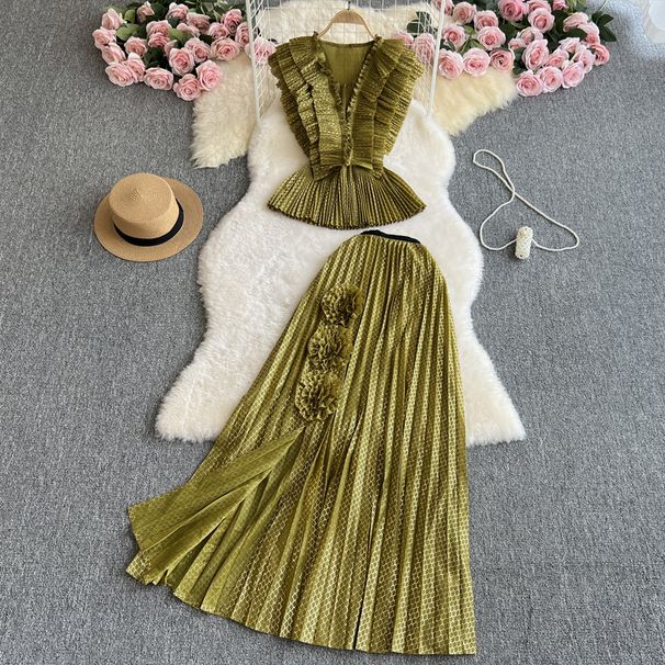 Kadın Giyim Şık Çift Katmanlı Fırfırlı V Yaka Kolsuz Bel Üstü Yüksek Bel İnce Yırtmaçlı Etek Takım Elbise_voghion.com