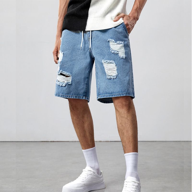 Vêtements pour hommes Été mince lâche simple décontracté hommes shorts rétro lavé taille élastique déchiré denim pantalon personnalisé_voghion.com