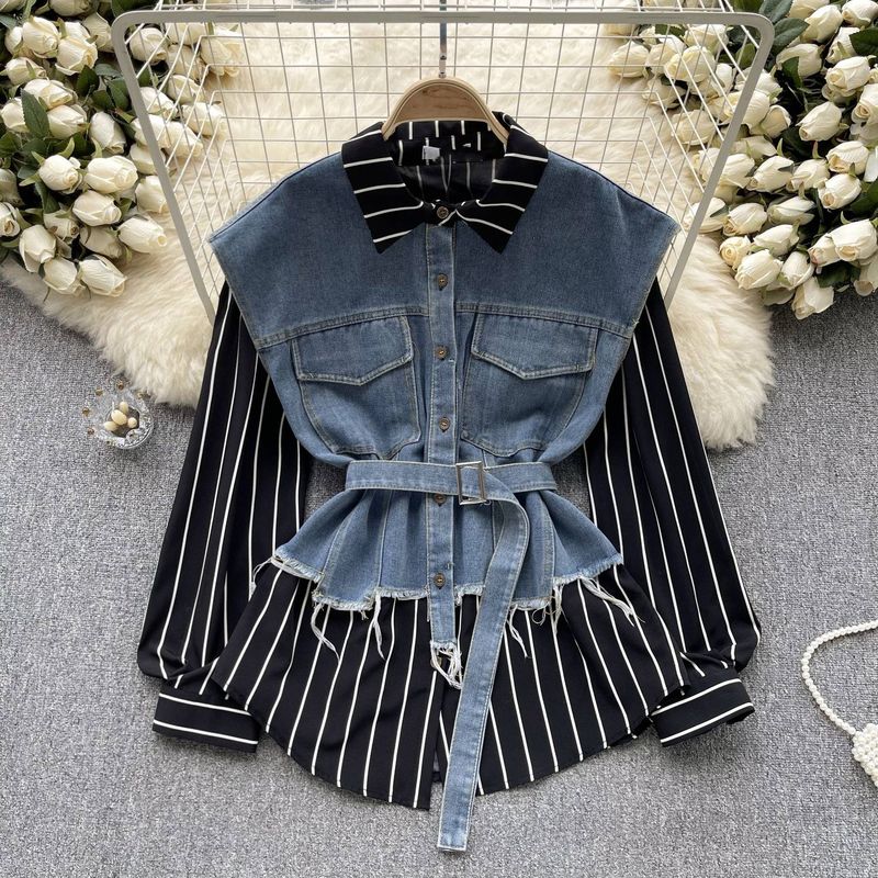 Women's Clothing Long Sleeve Two piece Tops Women Lace up Waist Casual Loose Versatile Denim Splicing Striped Shirt_voghion.com