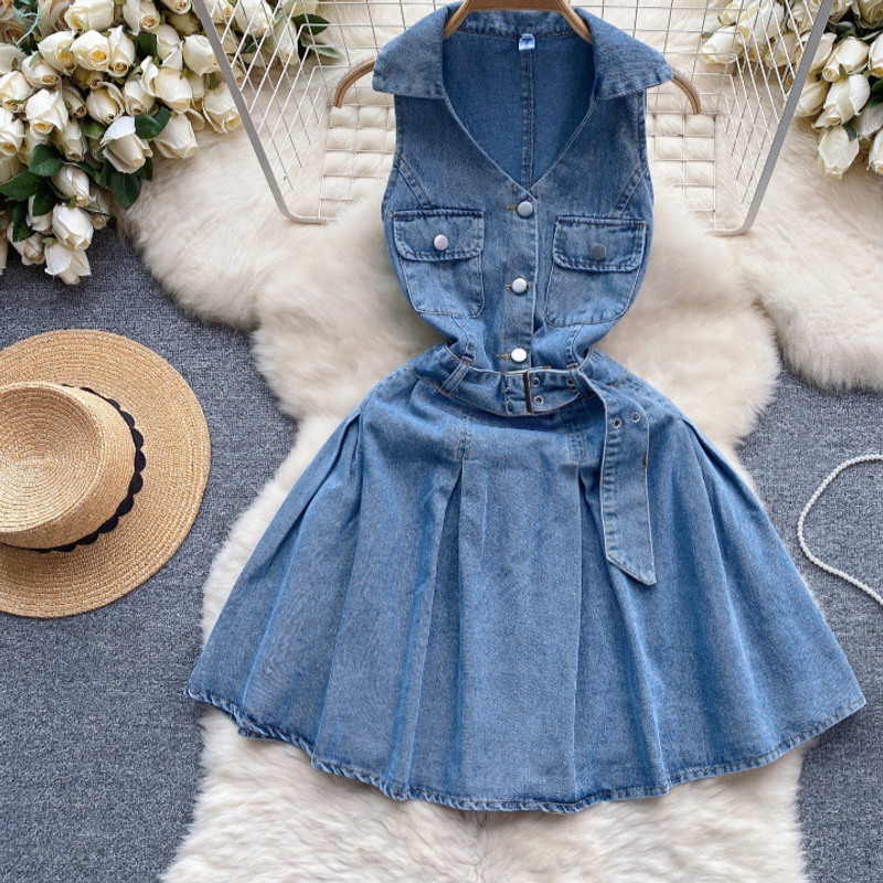 Women's Clothing Summer New Style Temperament V Neck Buttoned Belt Waist Slimming Pleated A Line Skirt Slim Short Denim Dress_voghion.com
